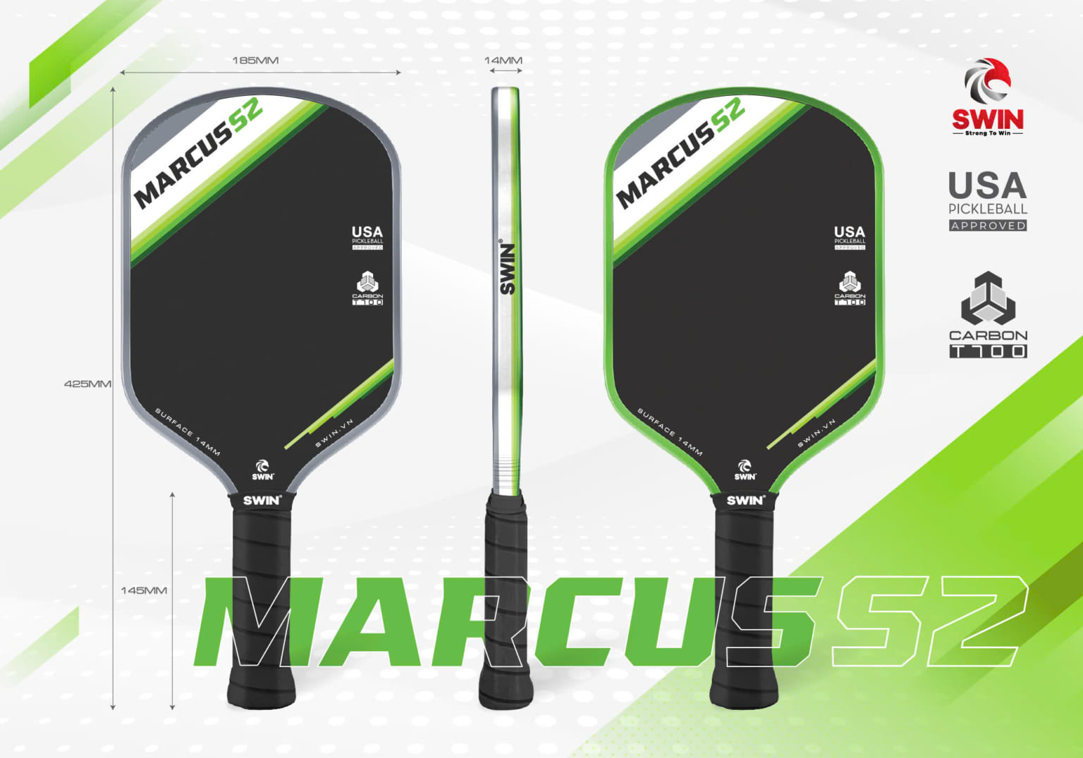 Swin Racket Vợt Pickleball Swin Marcus S2 Carbon T700 – Màu Xanh Cao Cấp